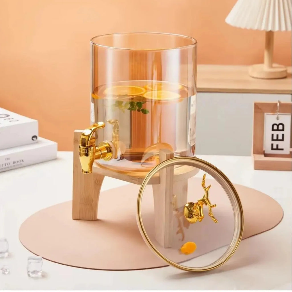Glass Beverage Dispenser – Bamboo Base & Golden Deer Handle