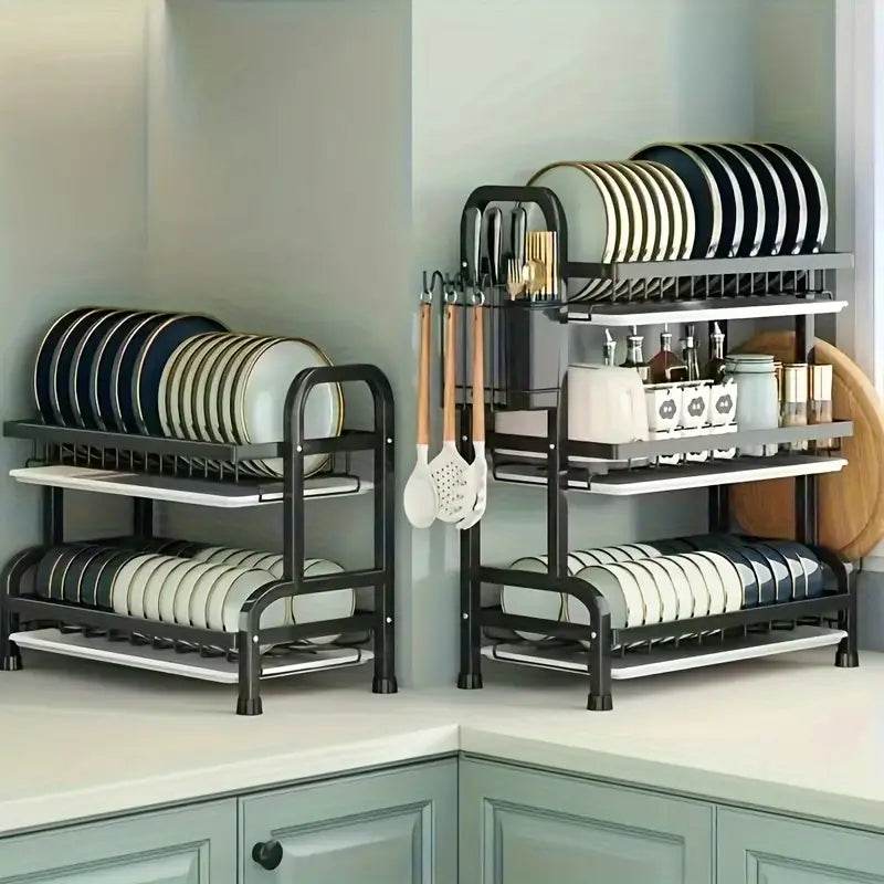2-Tier & 3-Tier Dish Drying Rack – Large Kitchen Organizer with Holders & Drain Trays