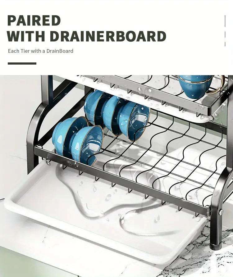2-Tier & 3-Tier Dish Drying Rack – Large Kitchen Organizer with Holders & Drain Trays