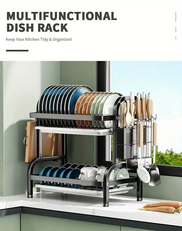 2-Tier & 3-Tier Dish Drying Rack – Large Kitchen Organizer with Holders & Drain Trays