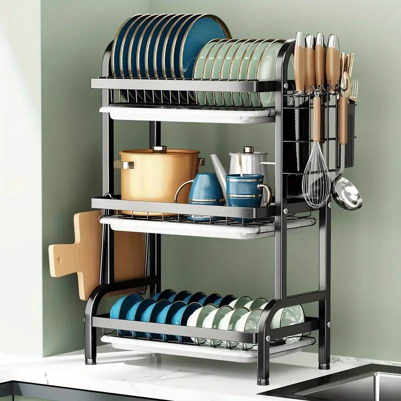 2-Tier & 3-Tier Dish Drying Rack – Large Kitchen Organizer with Holders & Drain Trays