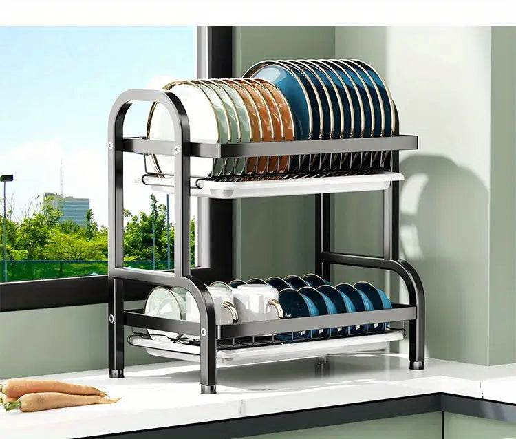 2-Tier & 3-Tier Dish Drying Rack – Large Kitchen Organizer with Holders & Drain Trays