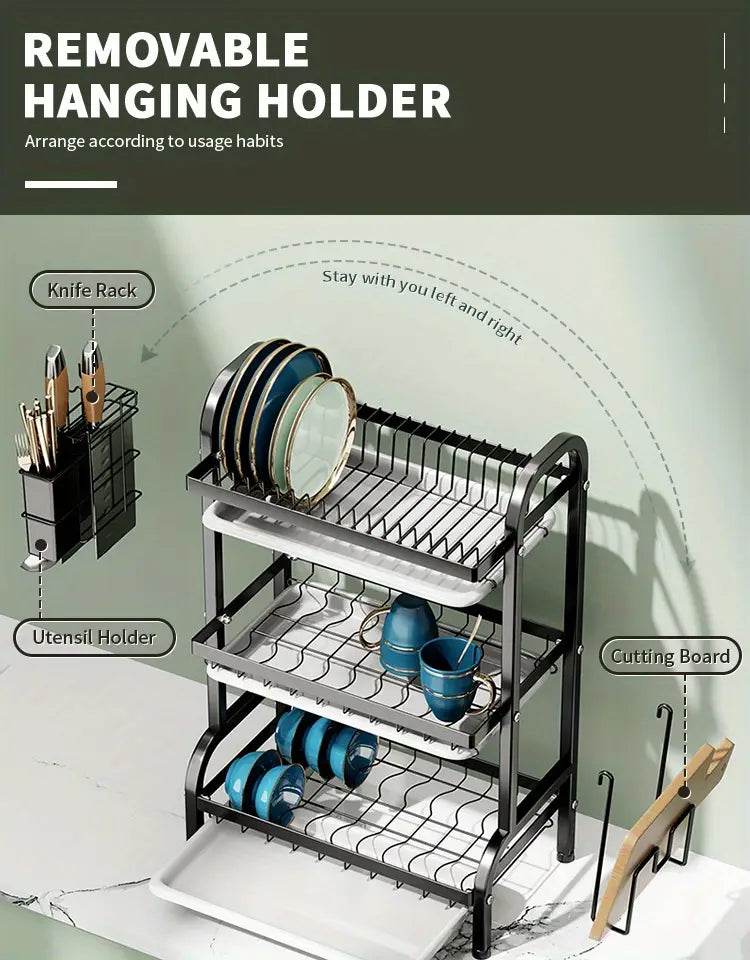 2-Tier & 3-Tier Dish Drying Rack – Large Kitchen Organizer with Holders & Drain Trays