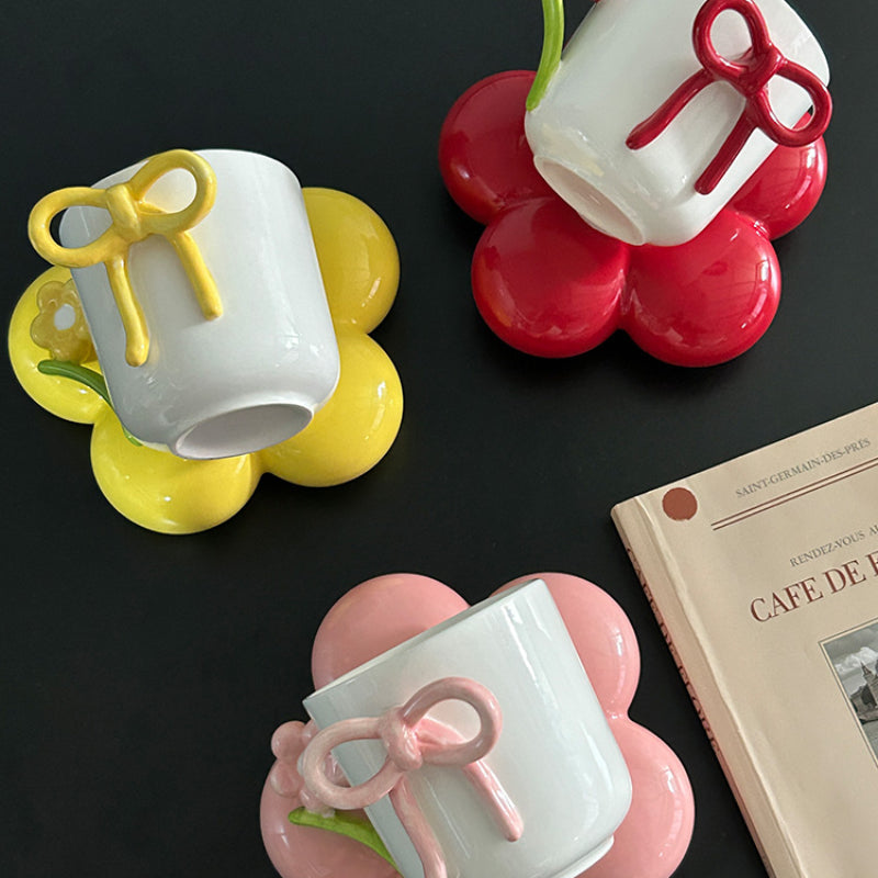 Elegant Floral Ceramic Coffee Cup with Bow & Display Stand