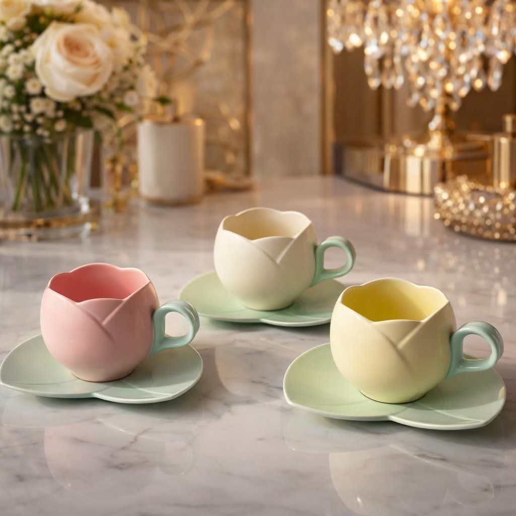 Ceramic Mini Tulip Coffee Mug With Saucers