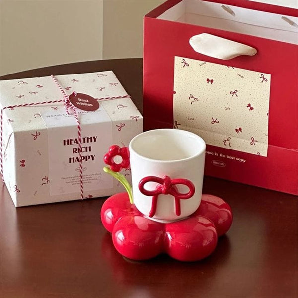 Elegant Floral Ceramic Coffee Cup with Bow & Display Stand