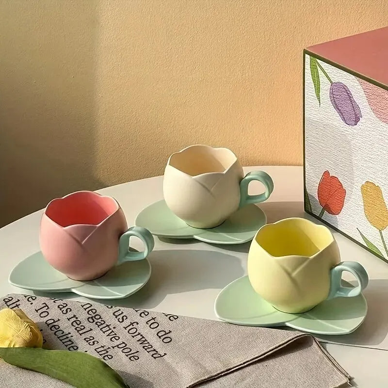 Ceramic Mini Tulip Coffee Mug With Saucers