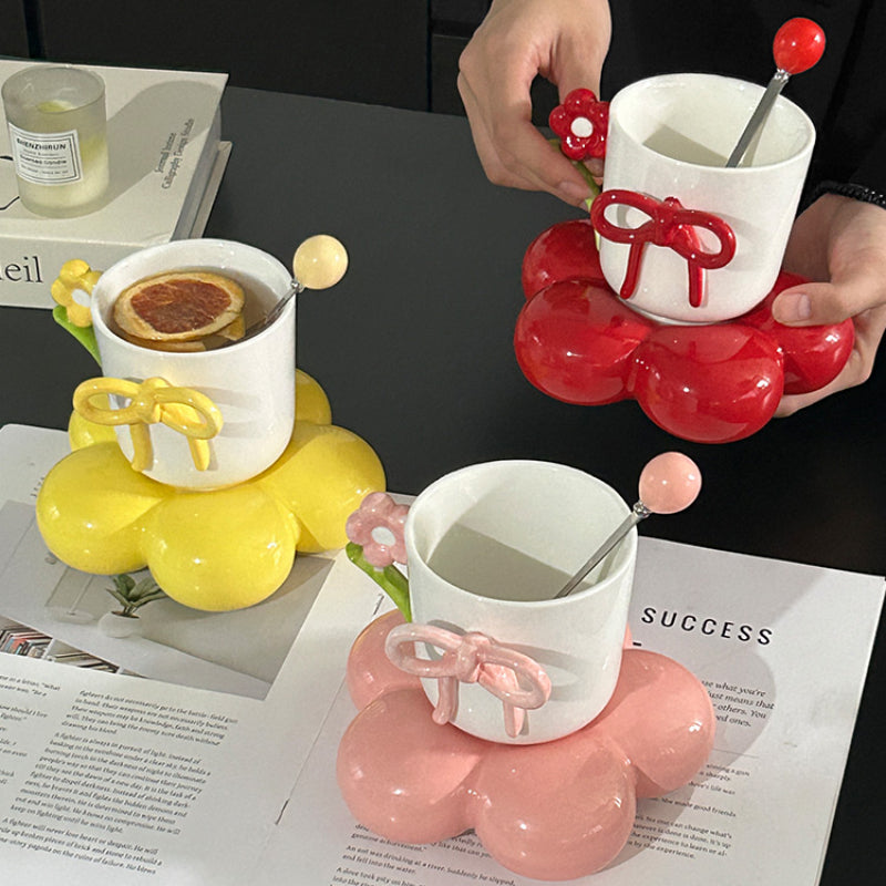 Elegant Floral Ceramic Coffee Cup with Bow & Display Stand