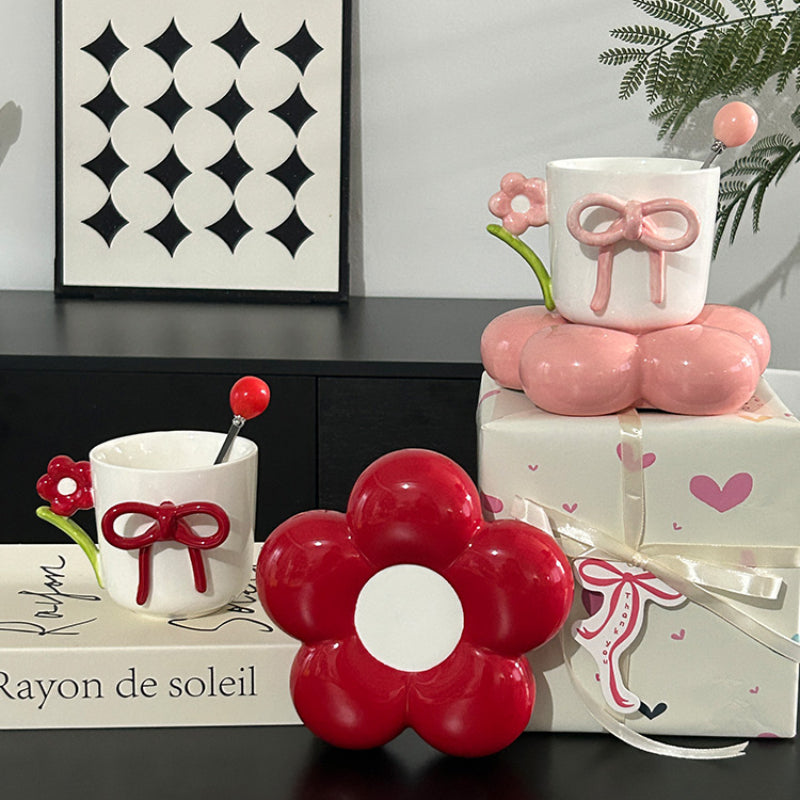 Elegant Floral Ceramic Coffee Cup with Bow & Display Stand