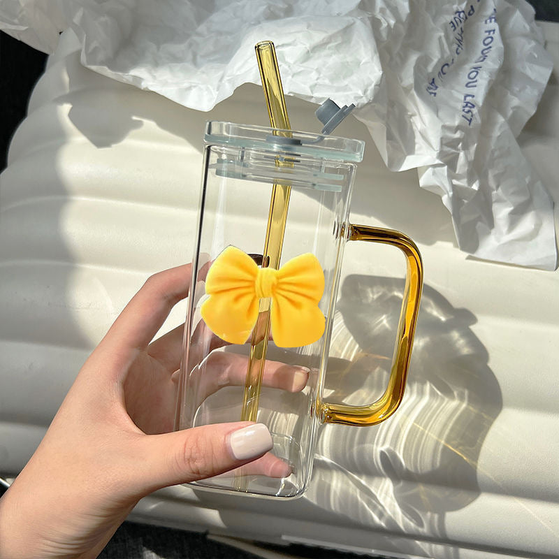 Square Glass Tumbler with Double Bows & Straw – Elegant Drinkware