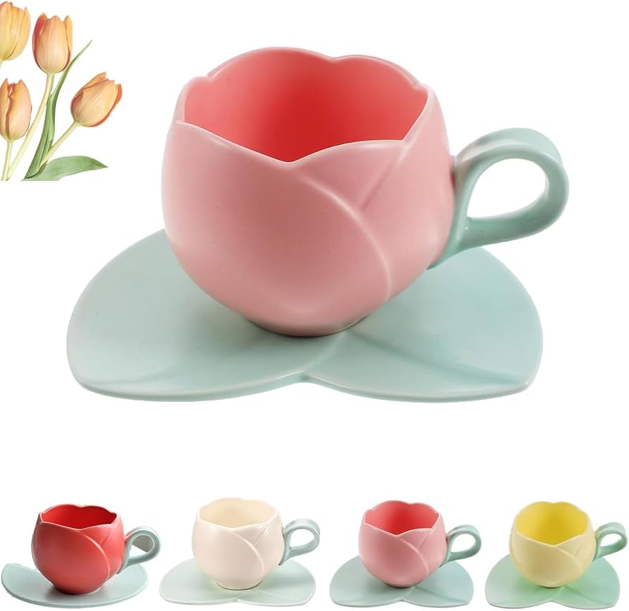 Ceramic Mini Tulip Coffee Mug With Saucers